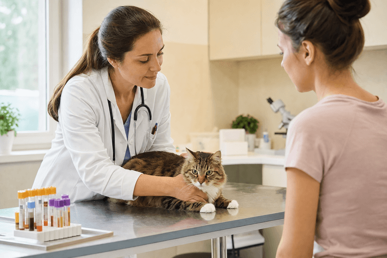Gato em consulta de endocrinologia veterinária com exames na VetôPet Maringá
