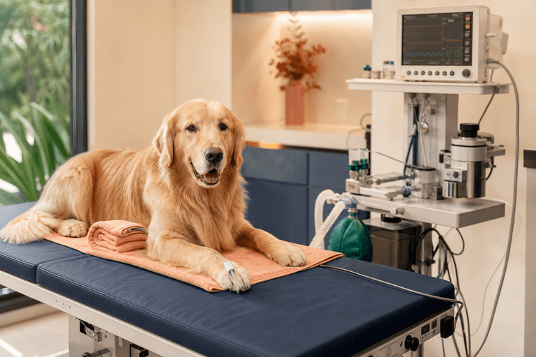Cão monitorado em procedimento de anestesiologia veterinária na VetôPet Maringá