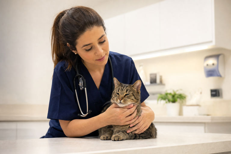 Veterinária acariciando um gato tranquilo durante consulta humanizada