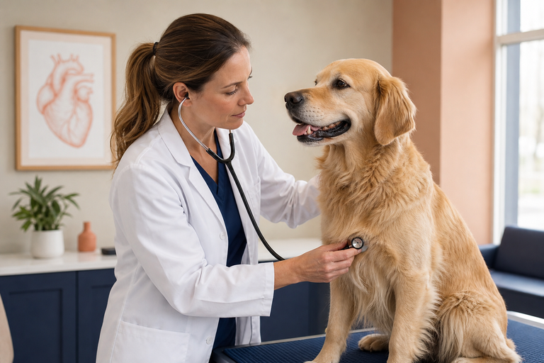 Veterinário avaliando o coração de um cão em consulta de cardiologia na VetôPet