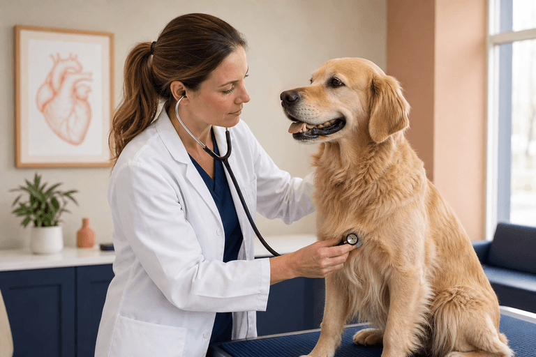Veterinário avaliando o coração de um cão em consulta de cardiologia na VetôPet