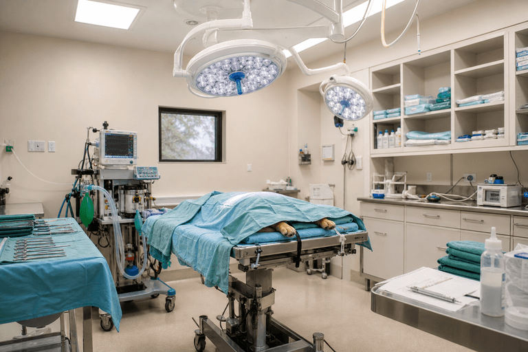 Centro cirúrgico preparado para cirurgia veterinária de cães e gatos na VetôPet