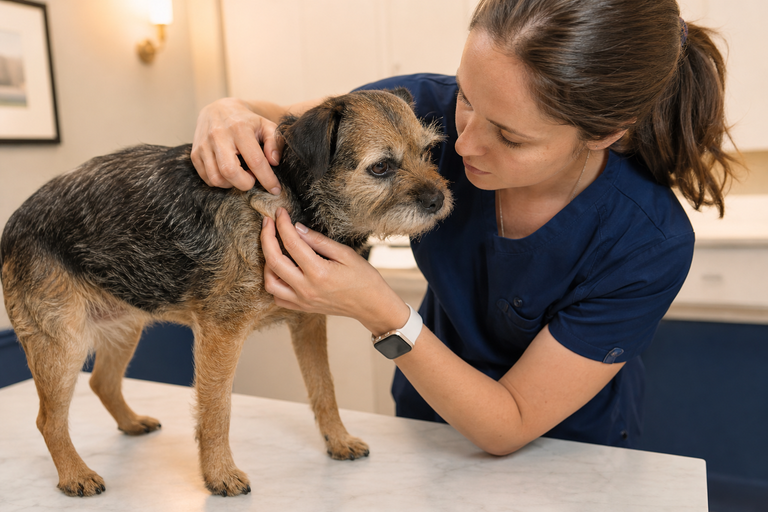 Veterinário examinando a pele de um cão em consulta de dermatologia na VetôPet