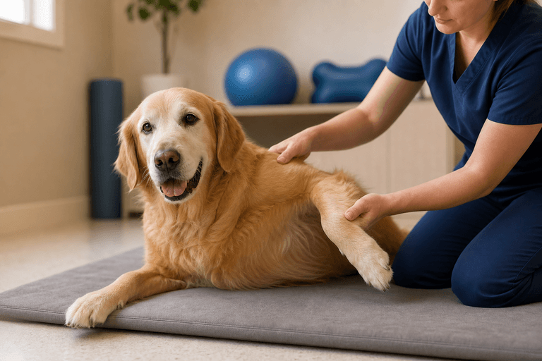 Cão em sessão de fisioterapia veterinária na VetôPet Maringá