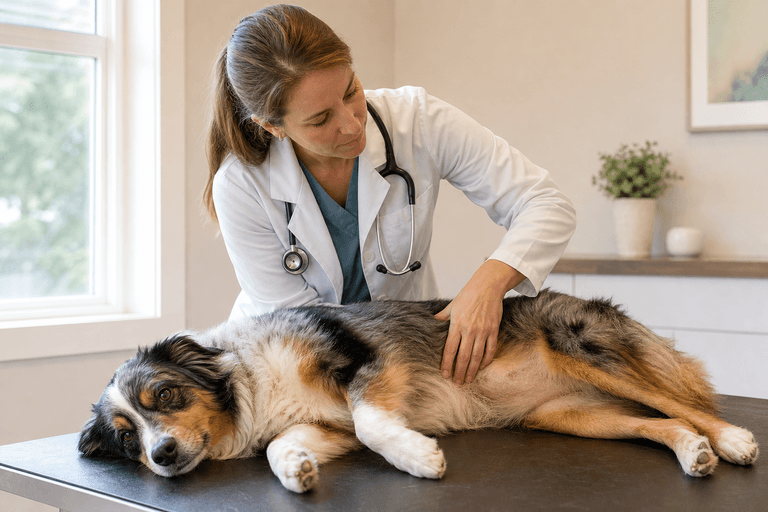 Veterinário avaliando cão em consulta de gastroenterologia na VetôPet