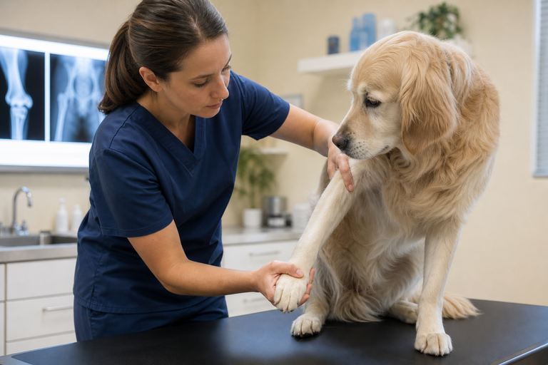 Cão em consulta de ortopedia veterinária na VetôPet Maringá