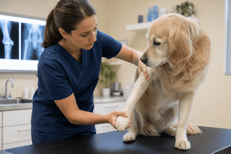 Cão em consulta de ortopedia veterinária na VetôPet Maringá